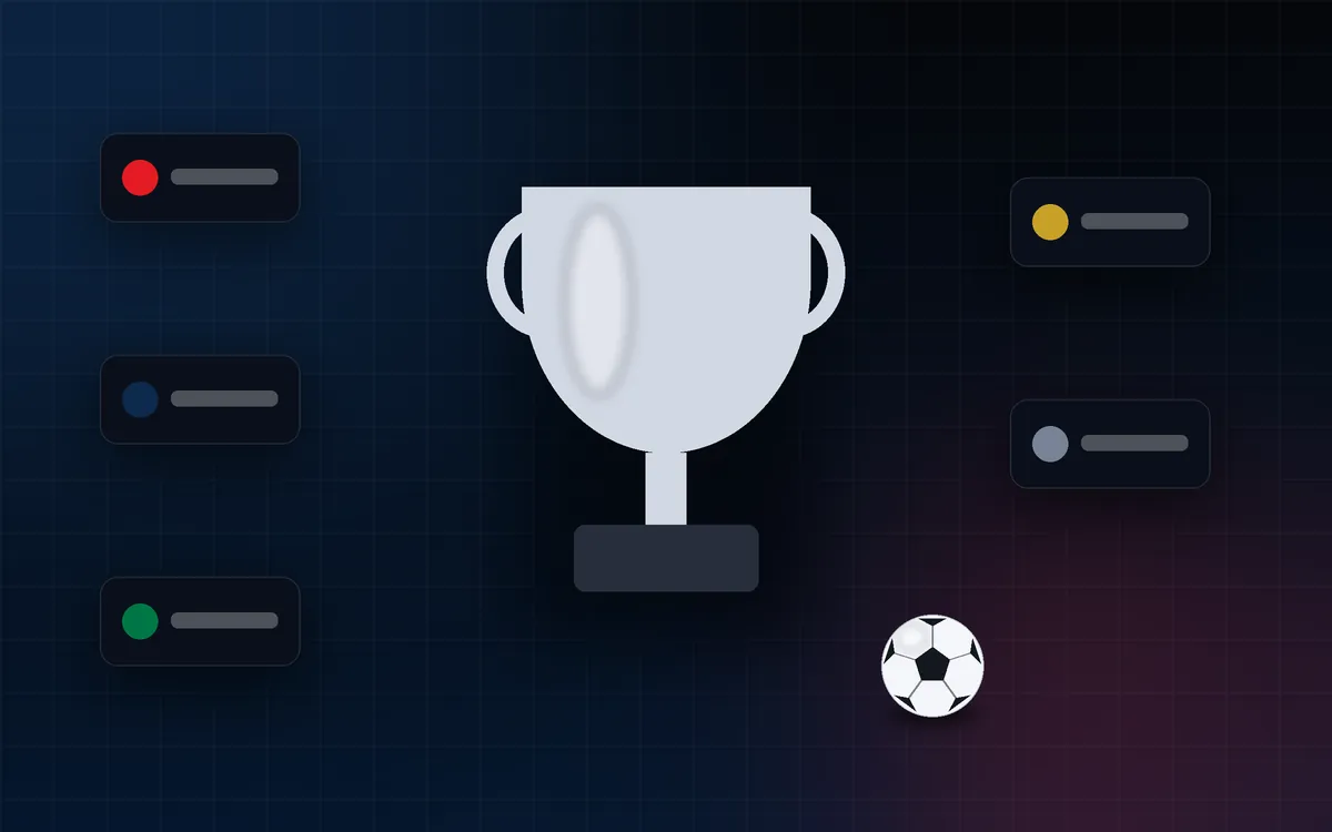 Generic silver trophy illustration surrounded by competition badges and a football