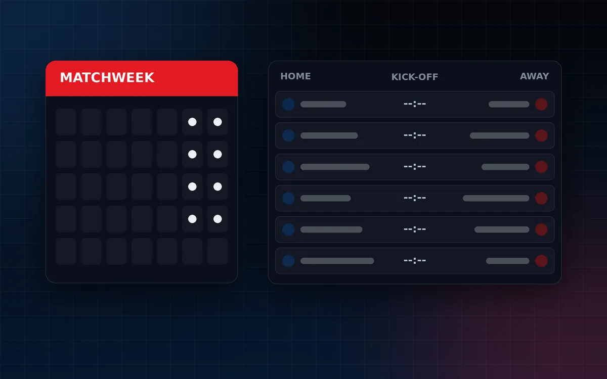 Illustration of a matchweek calendar beside a fixture list with home and away columns