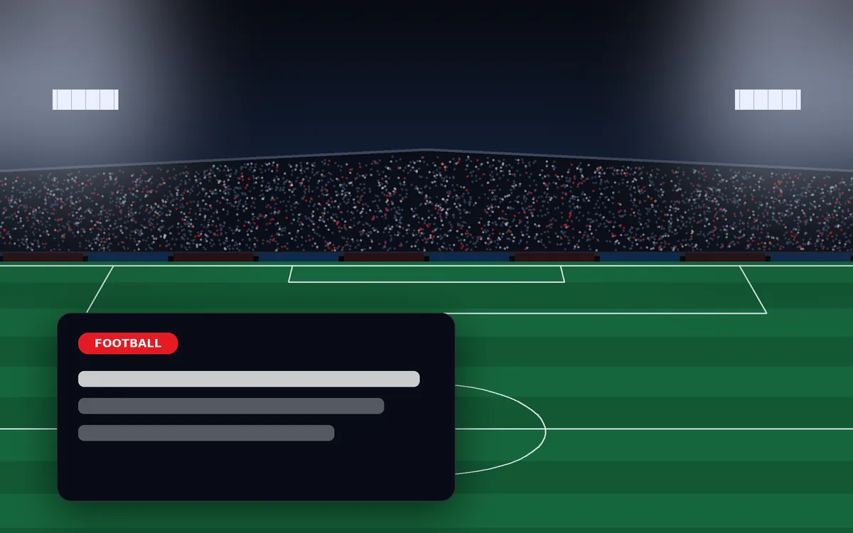 Stadium illustration with a football news card showing a red category label