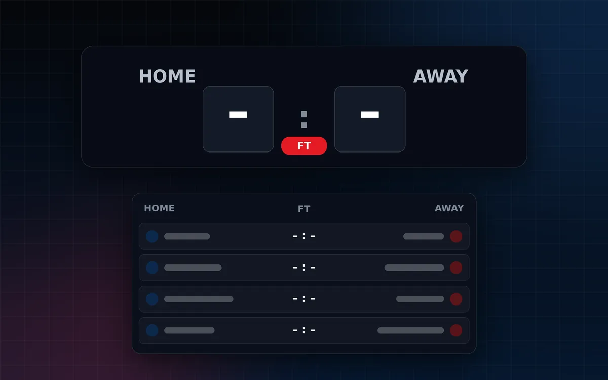 Illustration of a scoreboard with generic home and away labels, dashes instead of scores and a full-time tag