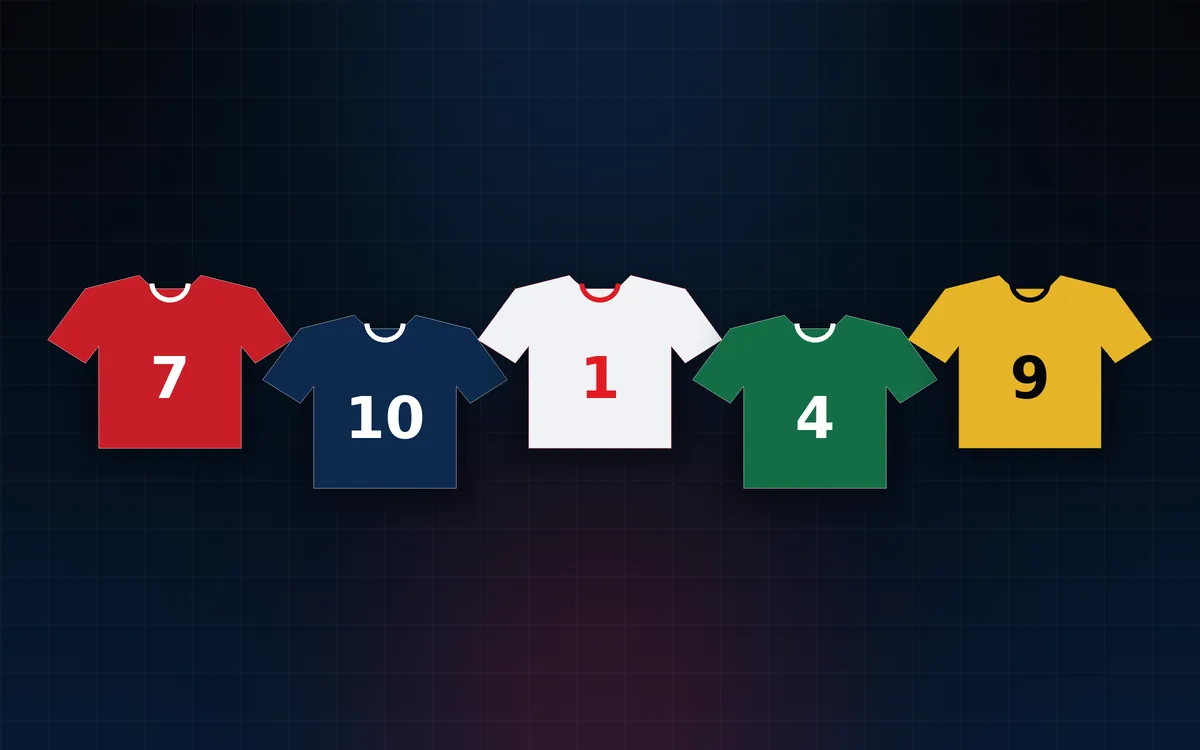 Row of plain numbered football shirts in red, navy, white, green and yellow