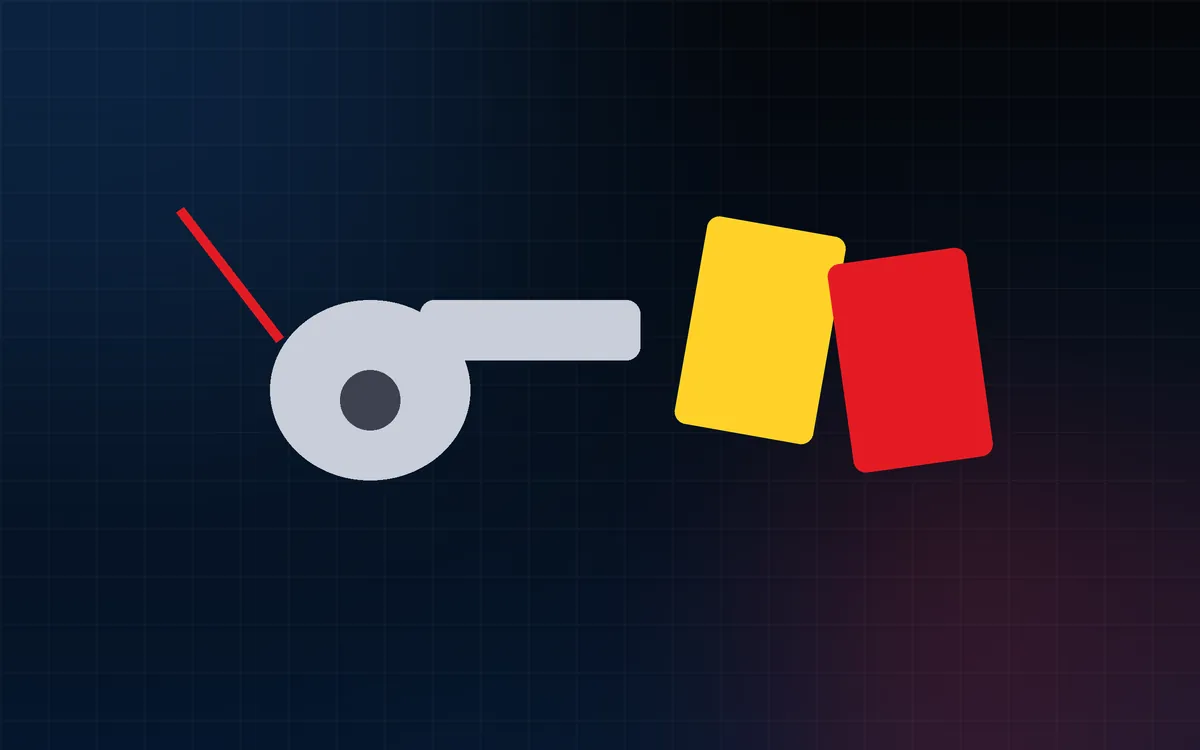 Illustration of a referee's whistle beside a yellow card and a red card