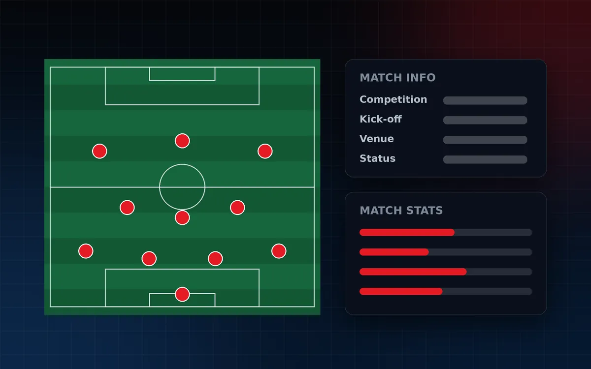 Match centre illustration with a pitch showing player markers, a match info panel and stat bars