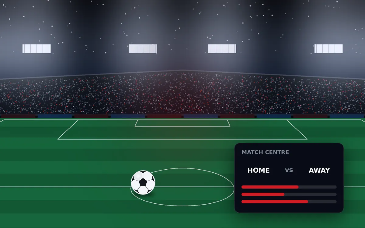 Night-time football stadium illustration with floodlights and a striped pitch
