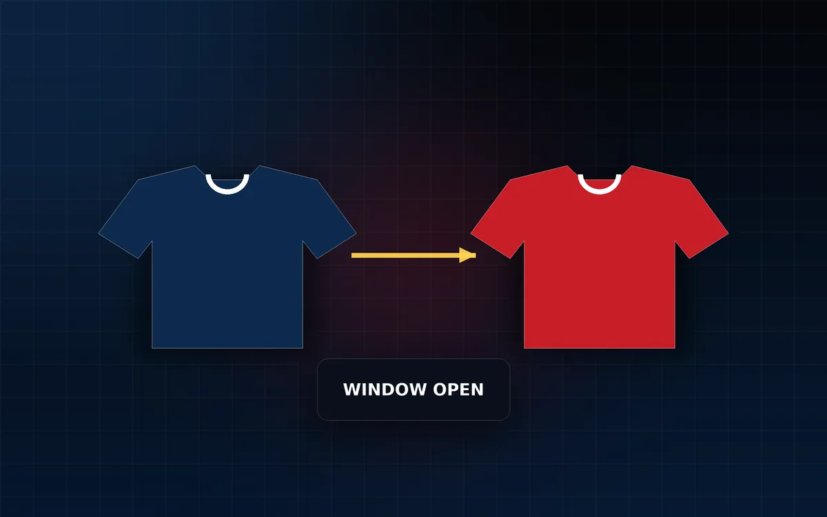 Illustration of two plain football shirts with an arrow between them and a window open label